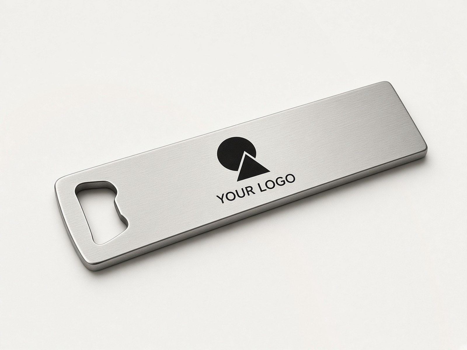 A stainless steel bar-blade bottle opener printed in black with an example logo.