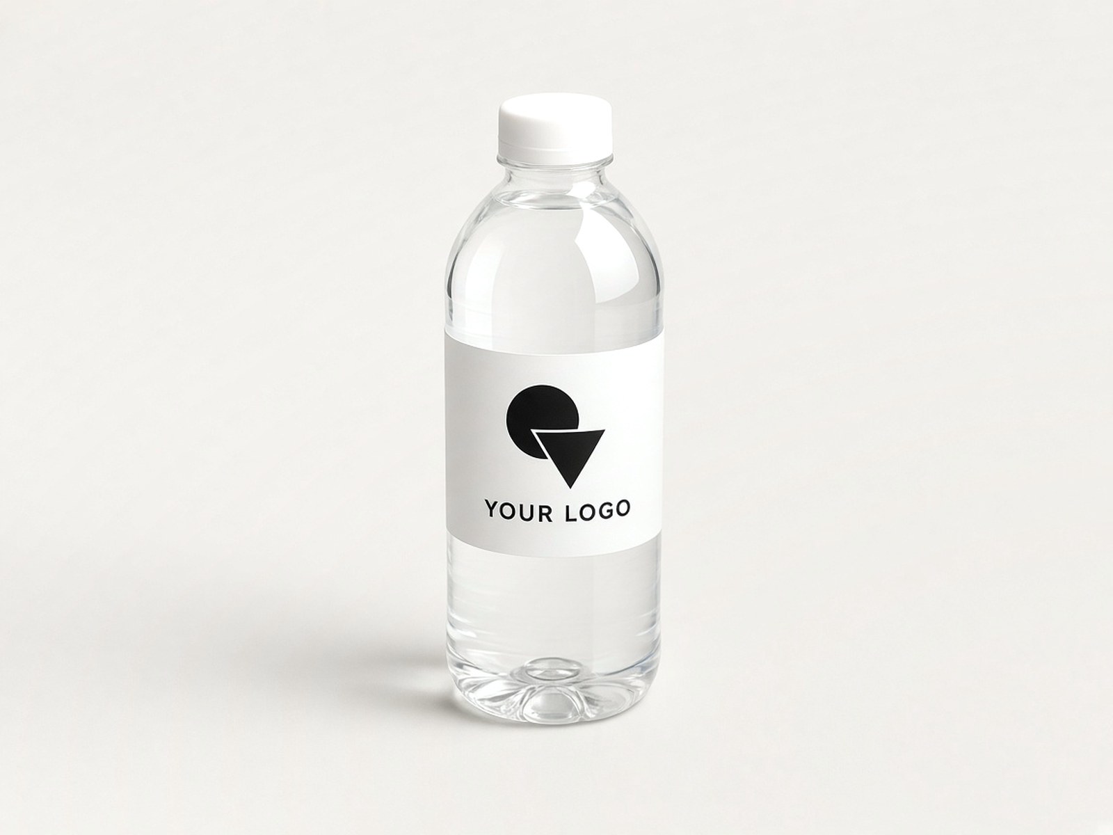 A water bottle wrapped in a white label printed in black with an example logo.
