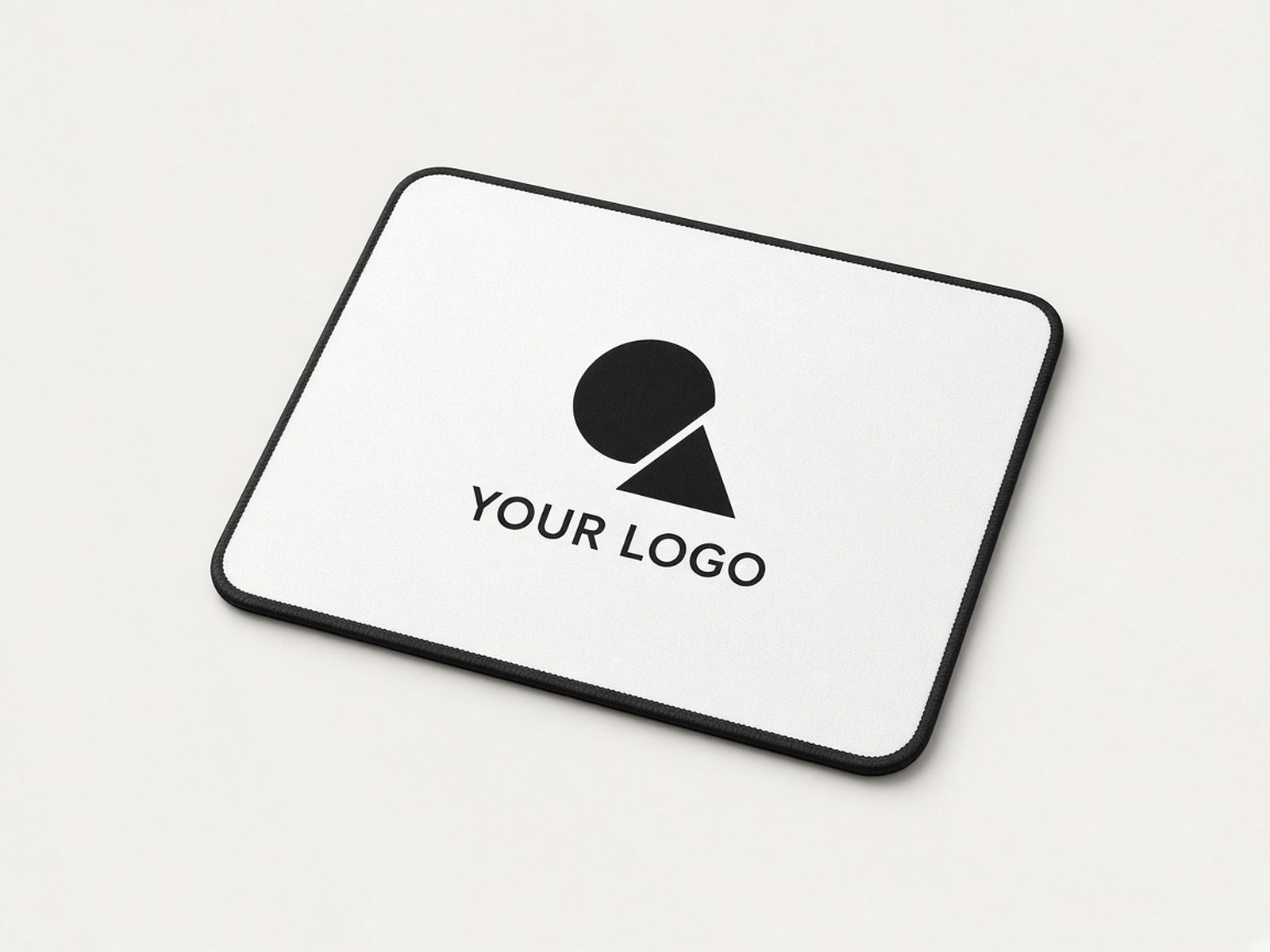 A white mouse pad with stitched black edges, printed with an example logo.