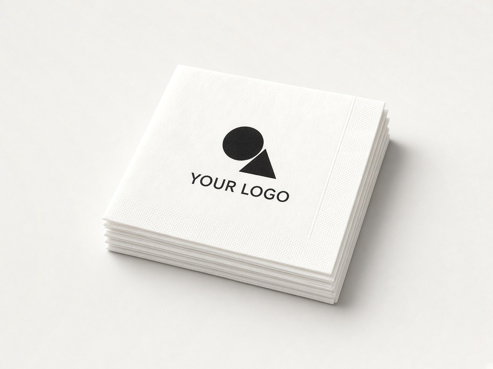 A stack of white cocktail napkins printed in black with an example logo.
