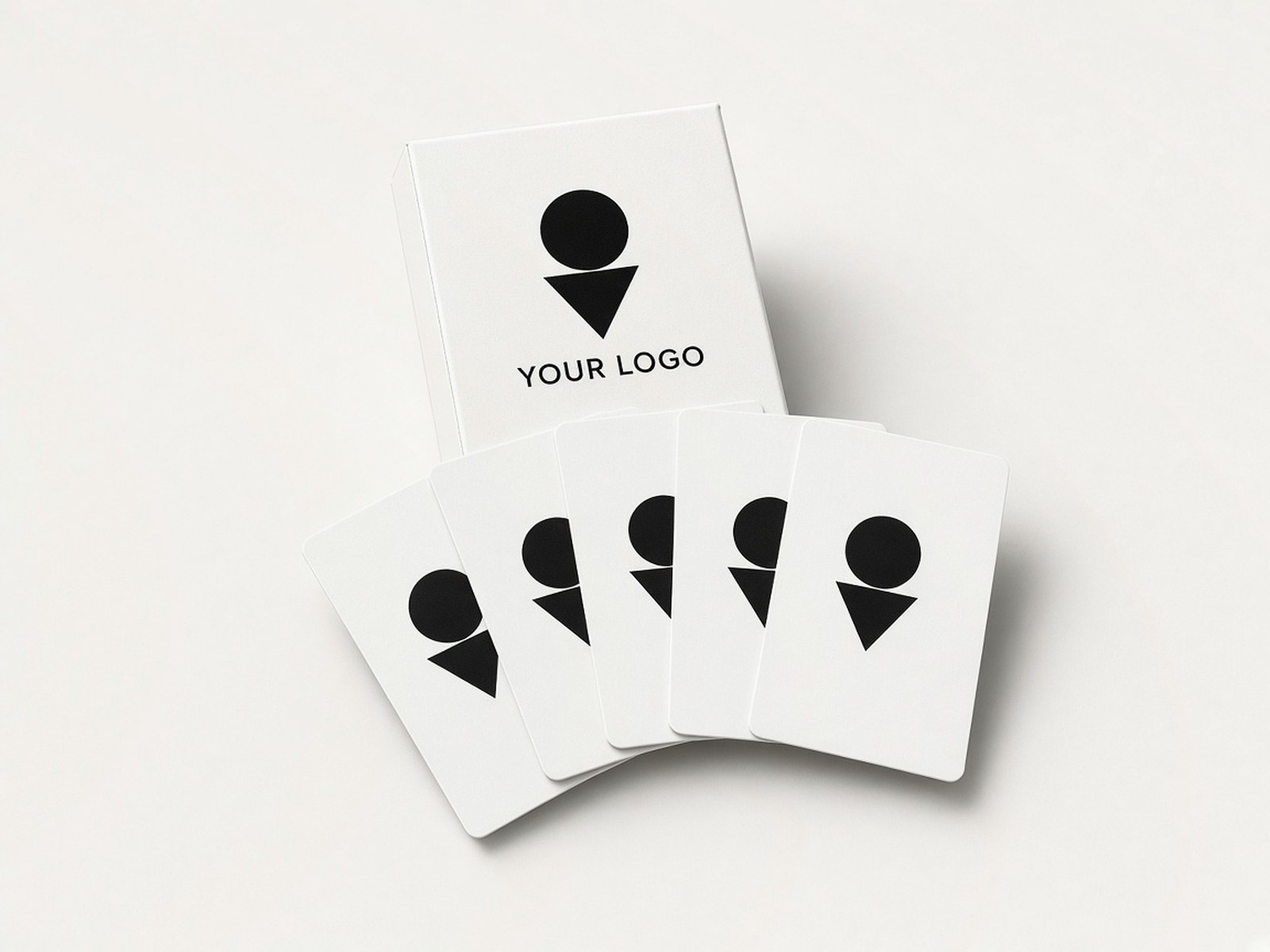 A white deck box with fanned playing cards printed in black with an example logo.
