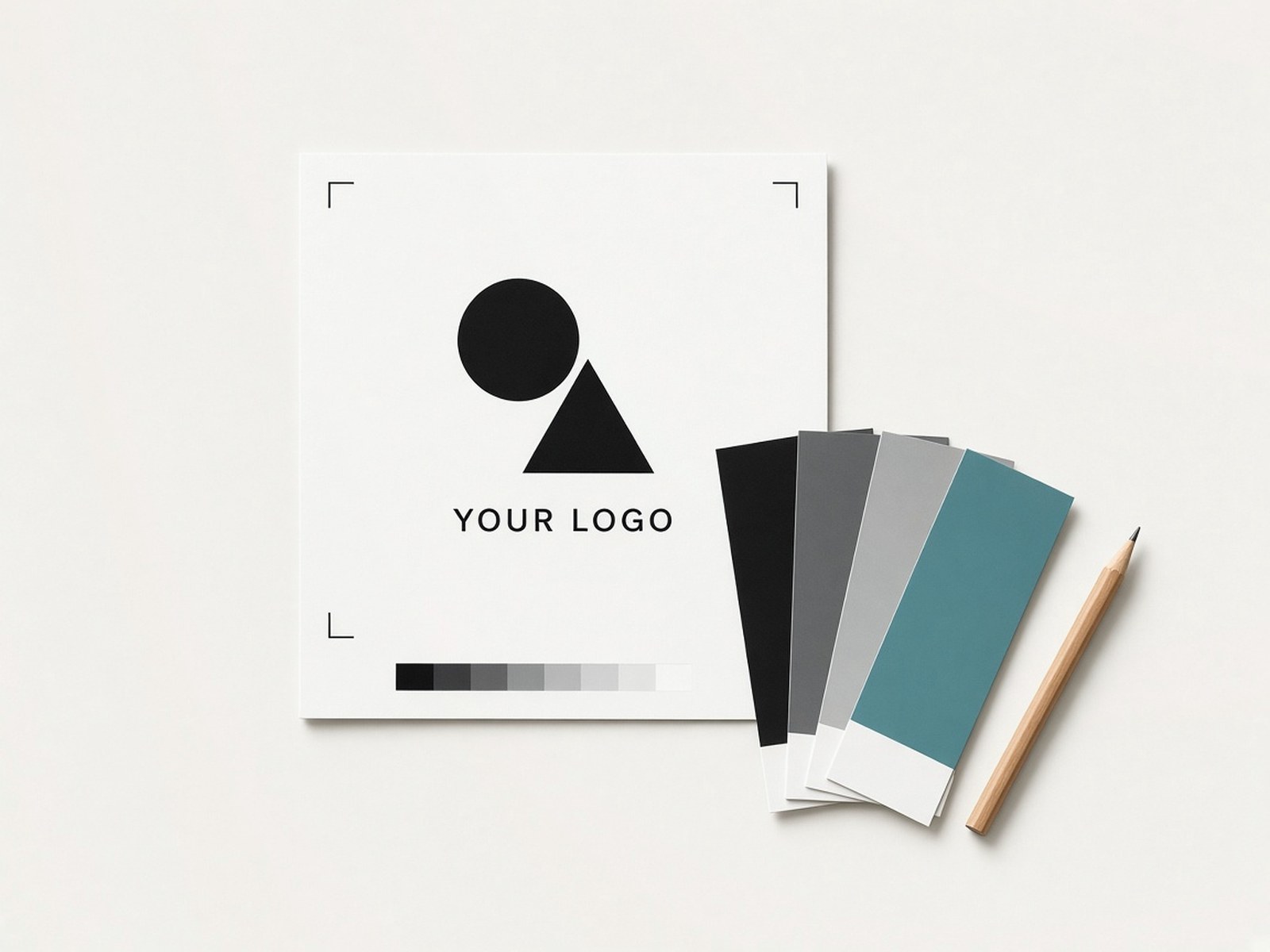 A print proof sheet with crop marks, gray and teal color swatch chips and a pencil.