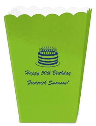 Popcorn Boxes example: a green box printed for a 50th birthday