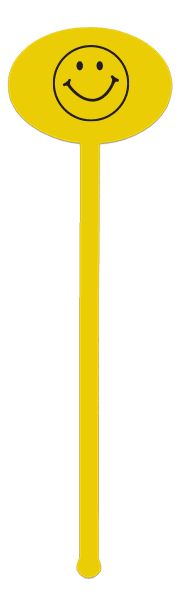 Plastic Stir Sticks example: a yellow stir stick printed with a smiley face