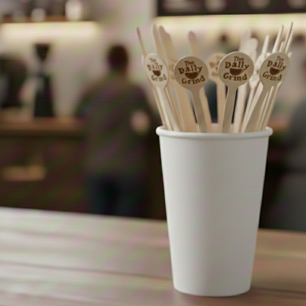 6" Wooden Stir Sticks printed in ink, shown in use