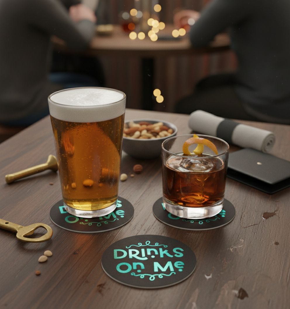 35pt - 4" Black Pulpboard Coaster foil stamped, shown in use at a party