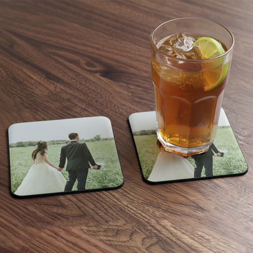 4" Neoprene Square Coasters printed in full color, shown in use at a party