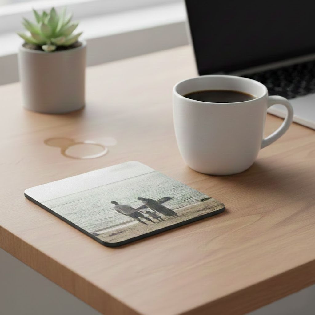 White Pulpboard Coasters (40, 60 and 80 pt) printed in full color, shown in use at a party
