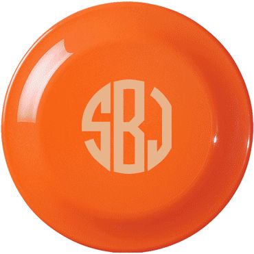 9.25-Inch Flying Discs example: an orange disc with a monogram