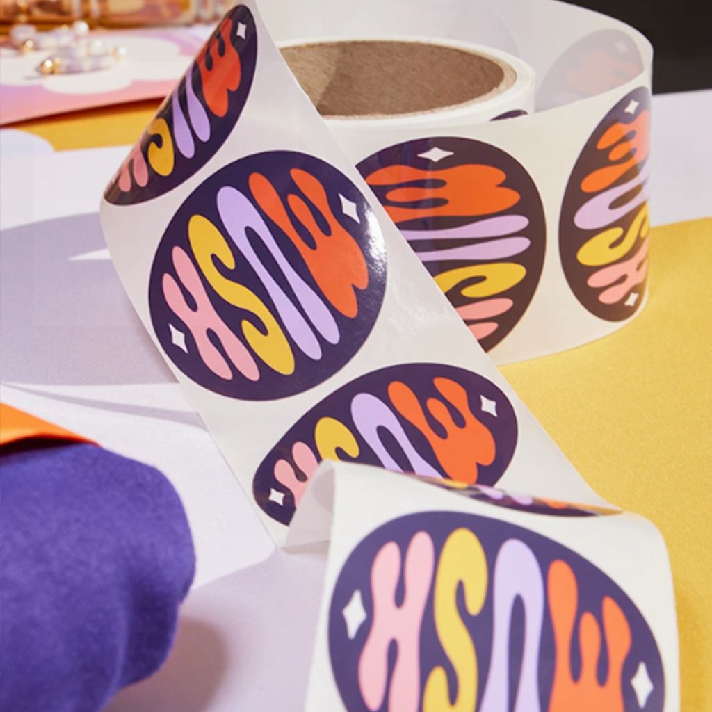 Round Labels printed in full color, shown in use