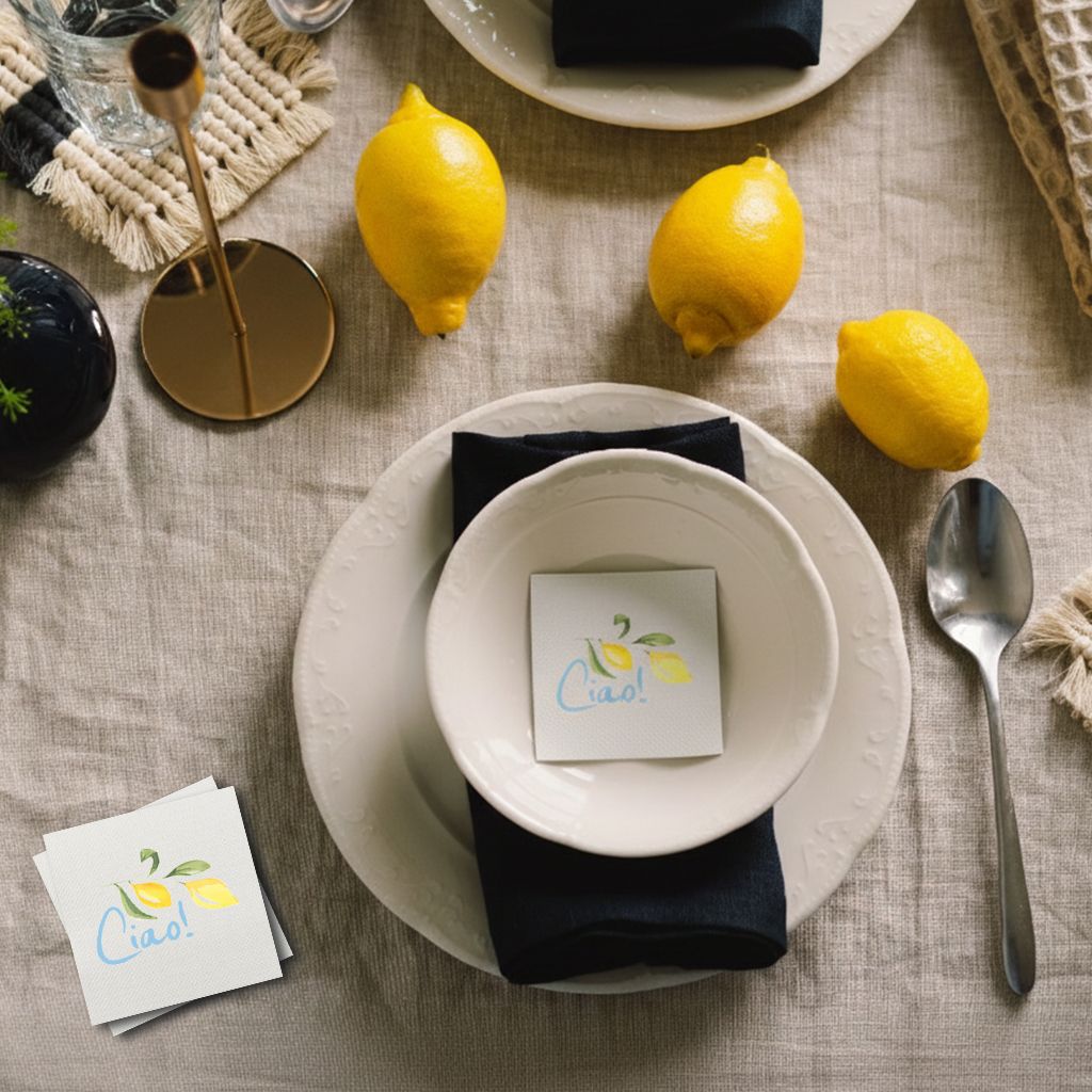 Petite 1/4 Fold Napkins printed in full color, shown in use