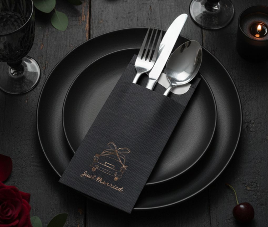 Pocket Napkins foil stamped, shown in use