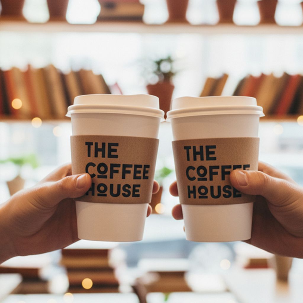 Coffee Sleeves printed in ink, shown in use at a party