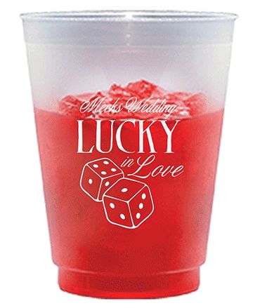 Color-Changing Shatterproof Cups example: a red-tinted cup printed "Lucky in Love"
