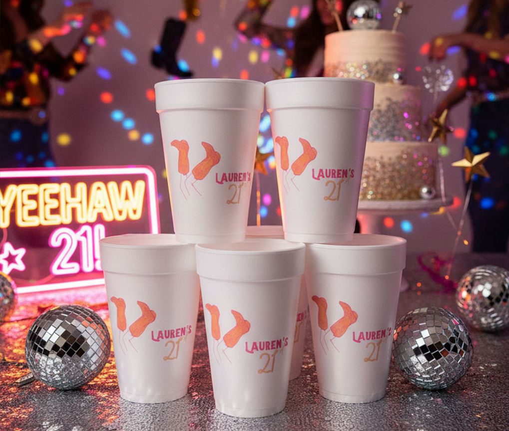 Foam Cups with a custom print, shown in use at an event