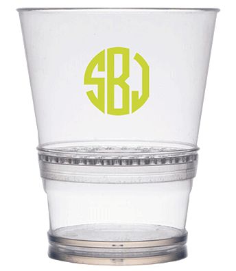 Fun Fusion Cups (12 oz) example: a clear cup printed with a green monogram