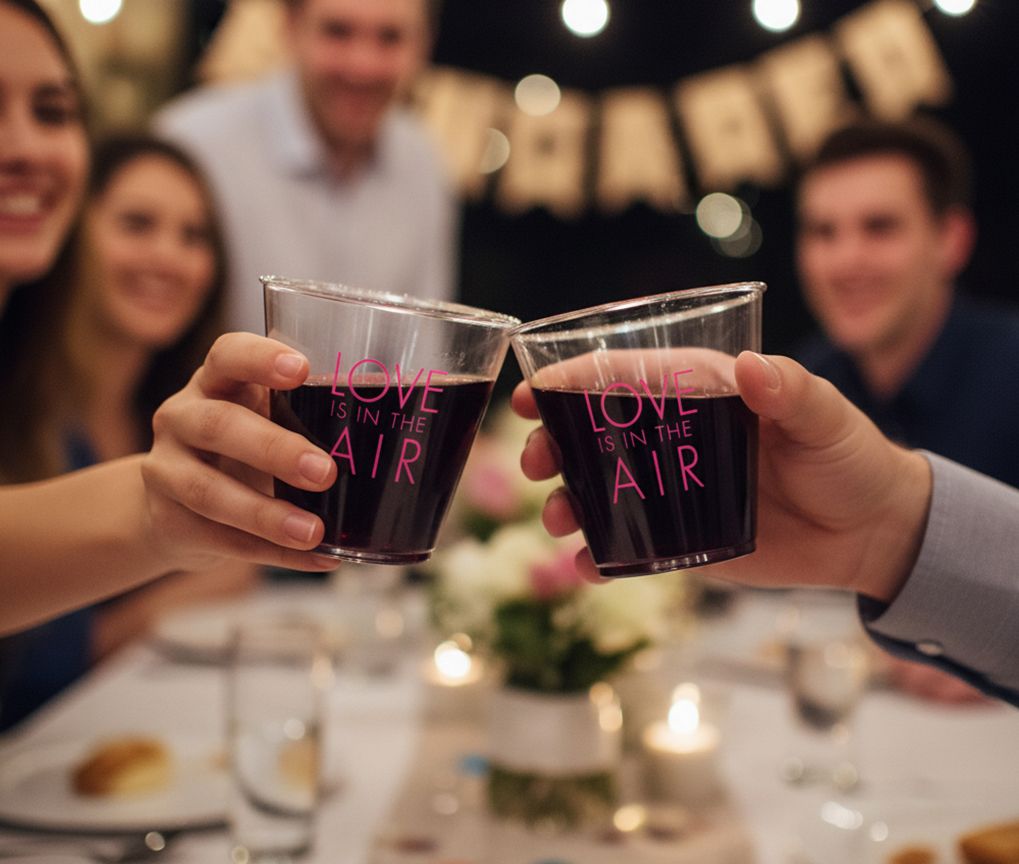Hard Plastic Cups printed in ink, shown in use at a party