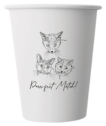 Paper Cups and Travel Lids example: a white cup printed with a cat sketch