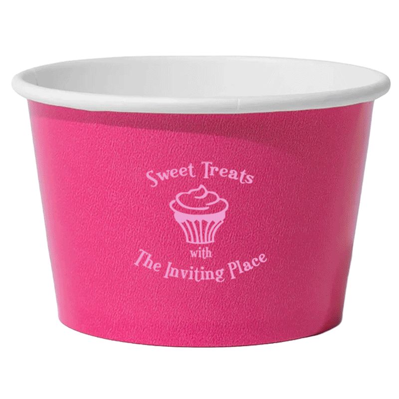 Paper Treat Cups example: a pink cup printed "Sweet Treats"