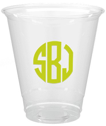 Soft Plastic Cups example: a clear cup printed with a monogram