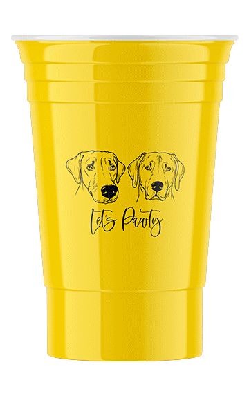 The Cup (16 oz) example: a yellow cup printed with a dog sketch