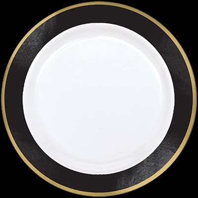 10.25" Premium Round Plastic Plates w/Trim in Black, shown blank before printing