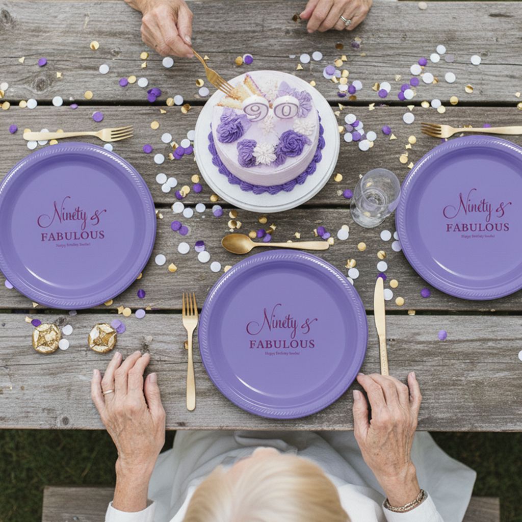 Round Plastic Plates with a custom print, shown in use at an event