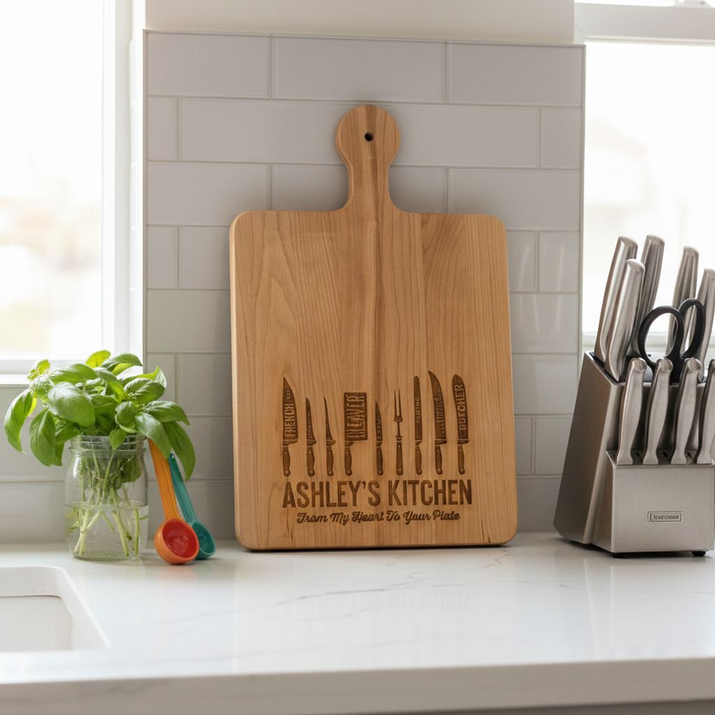 American Hardwood Serving Boards laser etched, shown in use