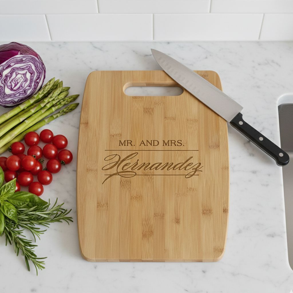 Economy Bamboo Serving Boards laser etched, shown in use