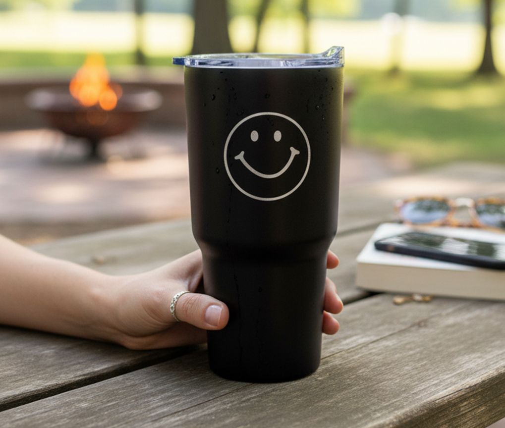 20 oz and 30 oz Tumblers laser etched, shown in use at a party
